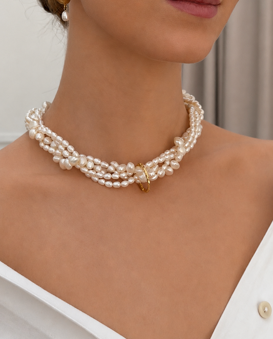 Zephyra - multi-layered natural pearls necklace with 18k gold plated ring shape pedant