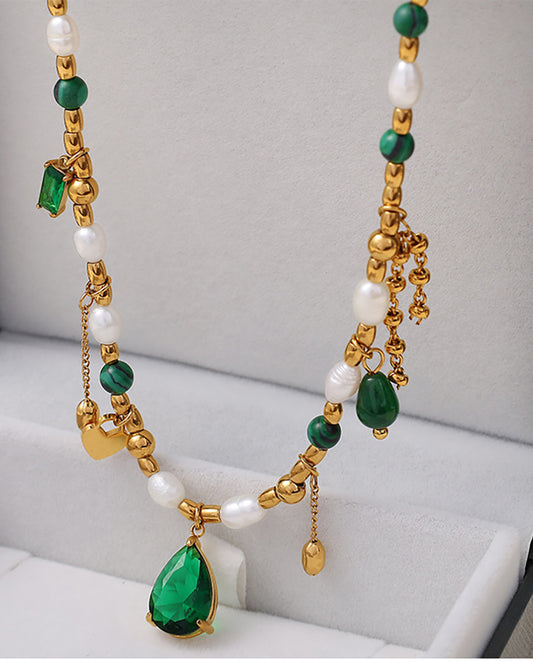 Indigo - 18k gold plated chain necklace with original pearls and colorful stones gold color