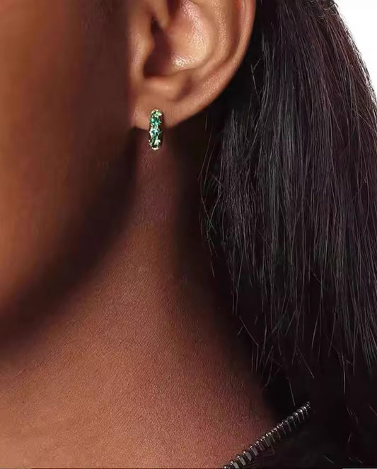 Fleur- circular design mini hoops earrings 18k gold plated with green gemstones