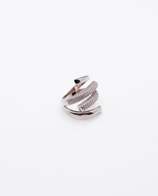 Ophelia - 18k gold plated two elegantly curved bars ring with sparkling pave-set crystals , silver color
