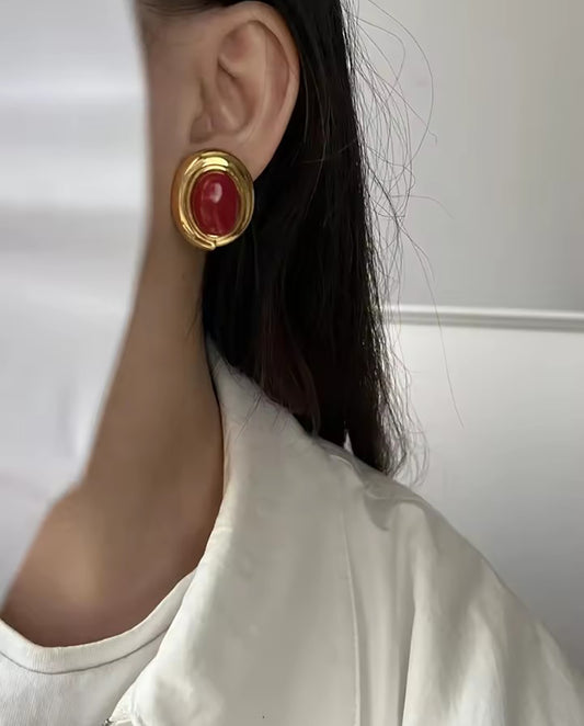 Zadie - oval shaped 18k gold plated bold and elegant design red earrings