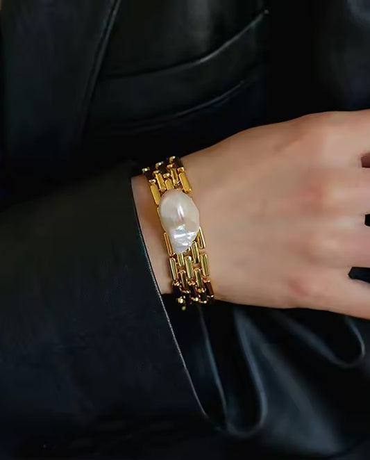 Zephira - 18k gold plated chain bracelet with natural pearl , gold color