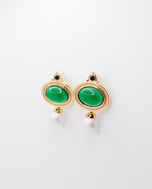 Prudence - 18k gold plated rich green oval gemstones set earrings