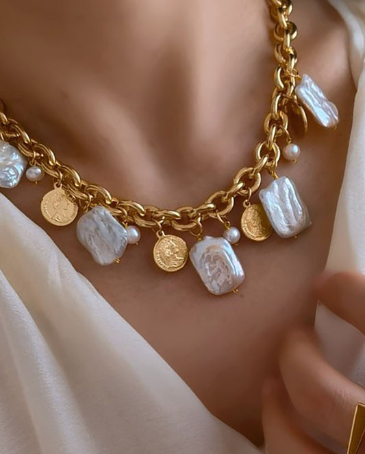 Selene - 18k gold plated chain necklace with mix of pendants , real pearls , gold color
