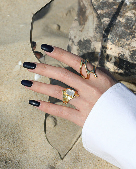 Adelaide -18k gold plated bold and artistic design ring with white stone , gold color