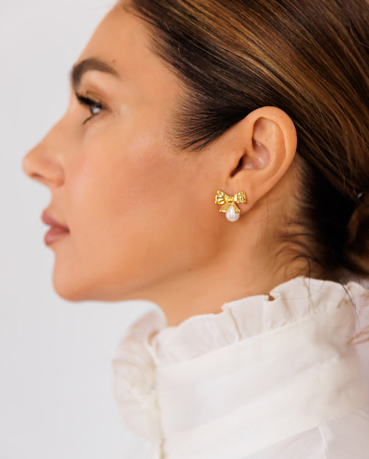 Mia - 18k gold plated gold-tone bows with dangling pearl accents earrings
