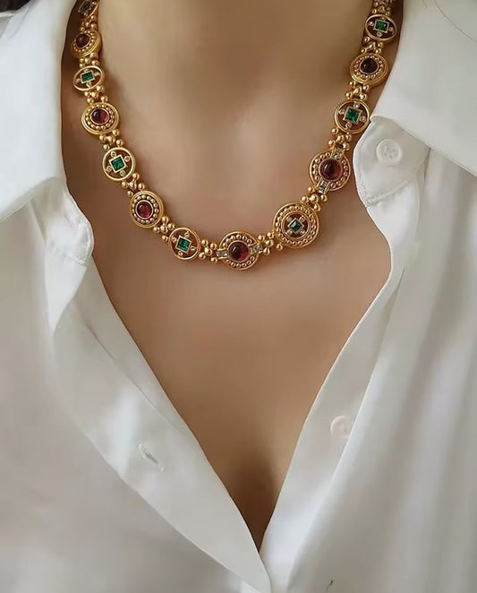 Branwin - 18k gold plated classic, regal design necklace with green and red stones, gold color
