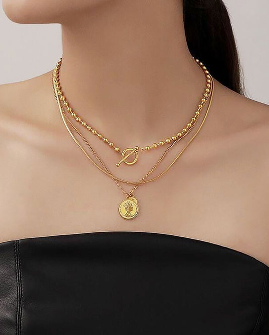 Beatrix - Layered Design 18K Gold Plated Chain Necklace With a Coin Pedant Gold Color