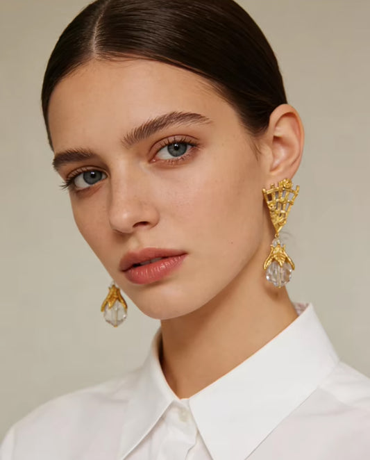 Marceline - 18k gold plated statement drop earrings with faceted crystals , gold color