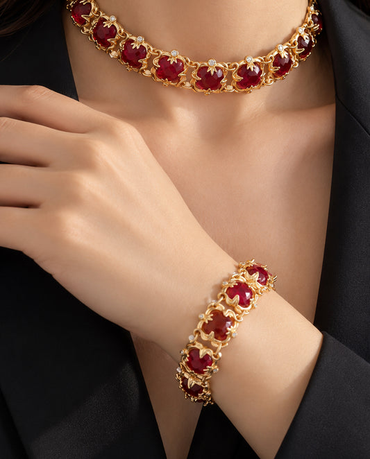 Isa - luxurious  design 18k gold plated necklace with red stones gold color