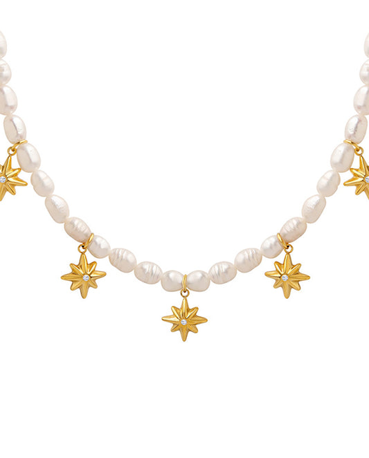 Pearlstar - Real Pearls Necklace With 18k Gold Plated Finishing Including Pedants of Stars