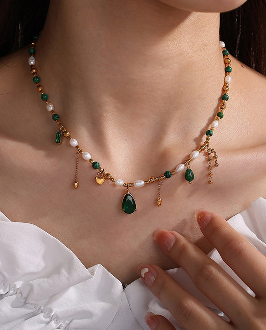 Indigo - 18k gold plated chain necklace with original pearls and colorful stones gold color