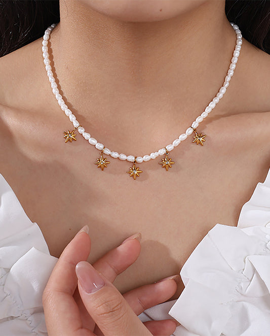 Pearlstar - Real Pearls Necklace With 18k Gold Plated Finishing Including Pedants of Stars