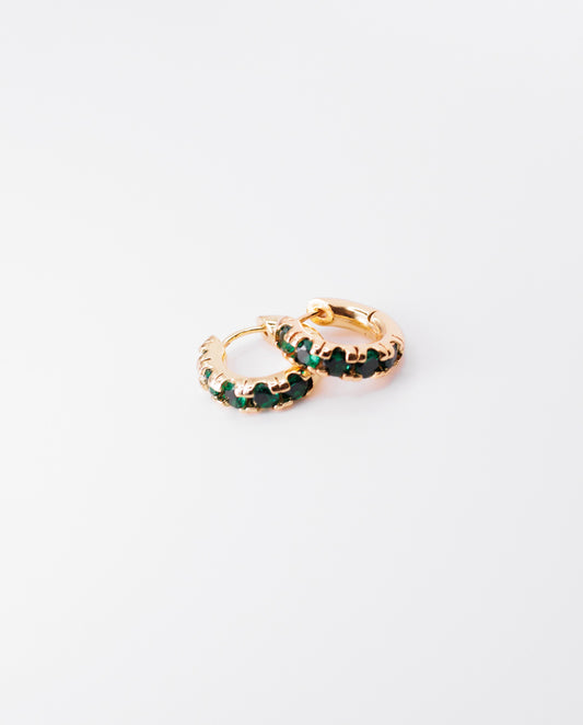 Fleur- circular design mini hoops earrings 18k gold plated with green gemstones