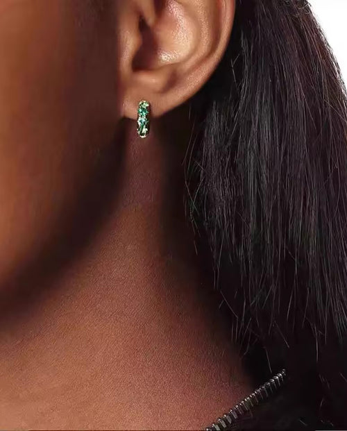 Fleur- circular design mini hoops earrings 18k gold plated with green gemstones