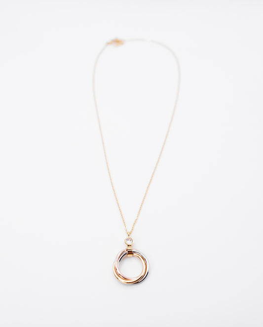 Valentina - refined and elegant 18k gold plated necklace with interlocking rings pedant in tri-tone metal gold color