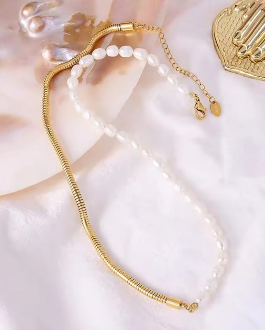 Sylviane - combination of 18k gold plated and real pearls chain classic necklace gold color