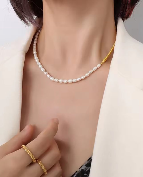 Sylviane - combination of 18k gold plated and real pearls chain classic necklace gold color