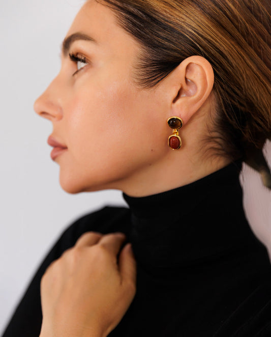 Selora - 18k gold plated stylish gold-tone earrings featuring a double-stone design