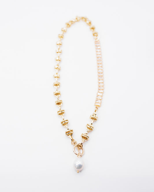 Amaryllis - Contemporary And Asymmetrical 18k Gold Plated Chain Necklace With Real Pearl And Zirconia Stones