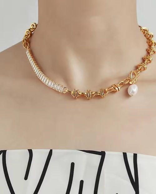 Amaryllis - Contemporary And Asymmetrical 18k Gold Plated Chain Necklace With Real Pearl And Zirconia Stones