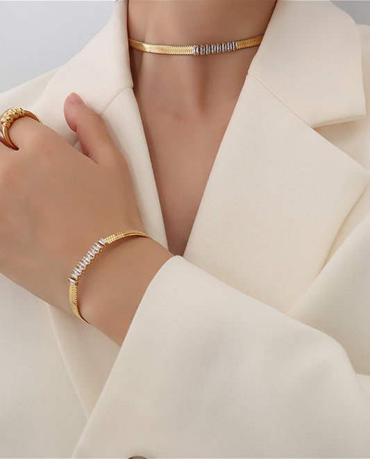 Maximilienne - 18k Gold Plated Chain Choker Necklace With Zirconia Stones Gold Color