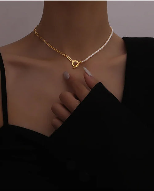 Rosaline - contemporary and elegant real pearls chain necklace with 18k gold plated finishing