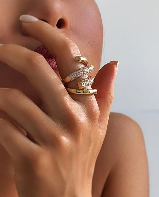 Ophelia - 18k gold plated two elegantly curved bars ring with sparkling pave-set crystals