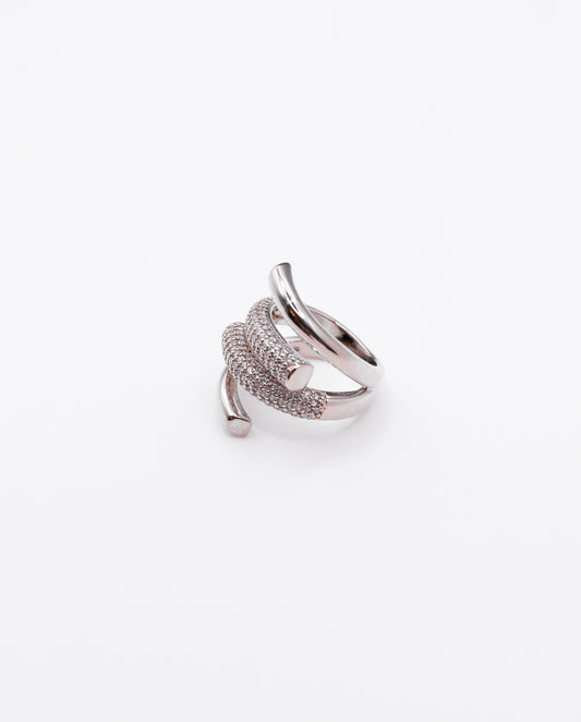 Ophelia  - 18k gold plated two elegantly curved bars ring with sparkling pave-set crystals , silver color