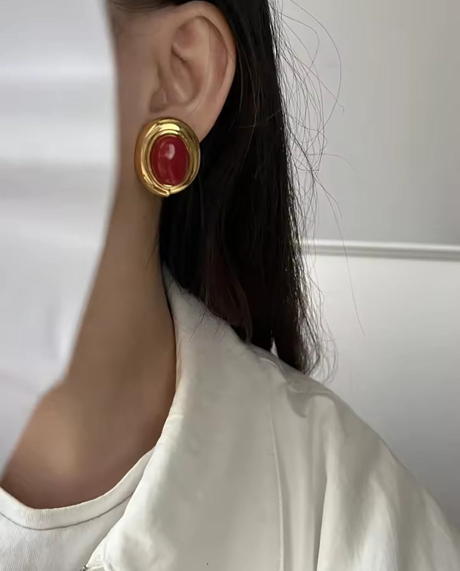 Zadie - oval shaped 18k gold plated bold and elegant design red earrings
