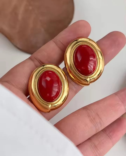 Zadie - oval shaped 18k gold plated bold and elegant design red earrings