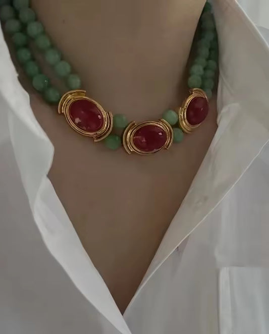 Zadie - double strands of green beads necklace with 18k gold plated finishing