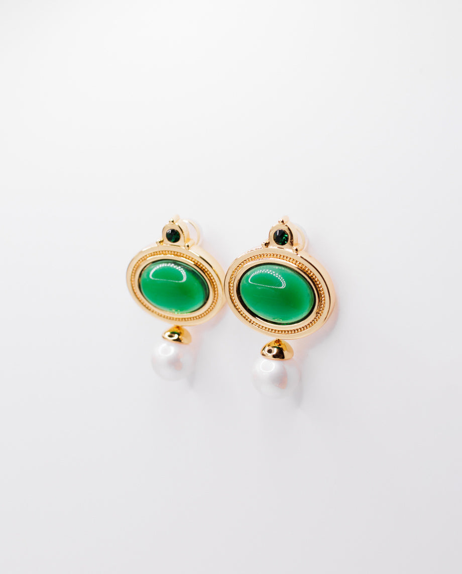 Prudence - 18k gold plated rich green oval gemstones set earrings