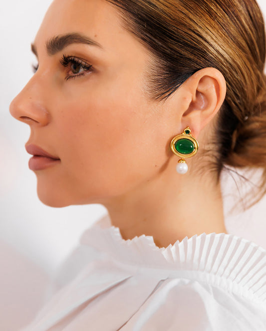 Prudence - 18k gold plated rich green oval gemstones set earrings