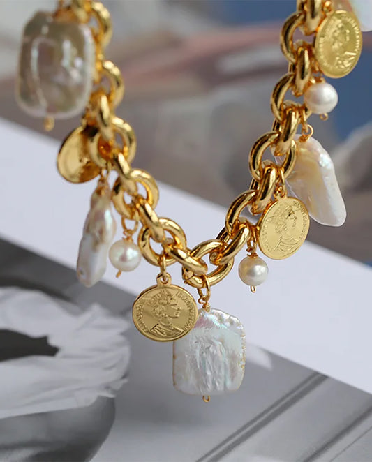 Selene - 18k gold plated chain necklace with mix of pendants , real pearls , gold color