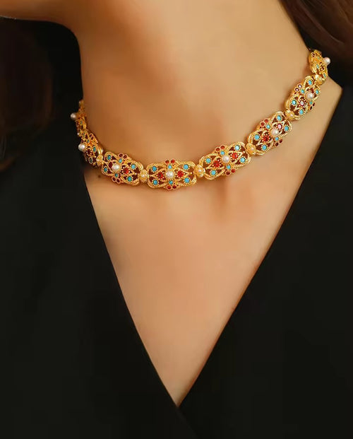Delilah - Choker 18k Gold Plated  Necklace Bold and Ornate Gold Color with Multicolor Stones