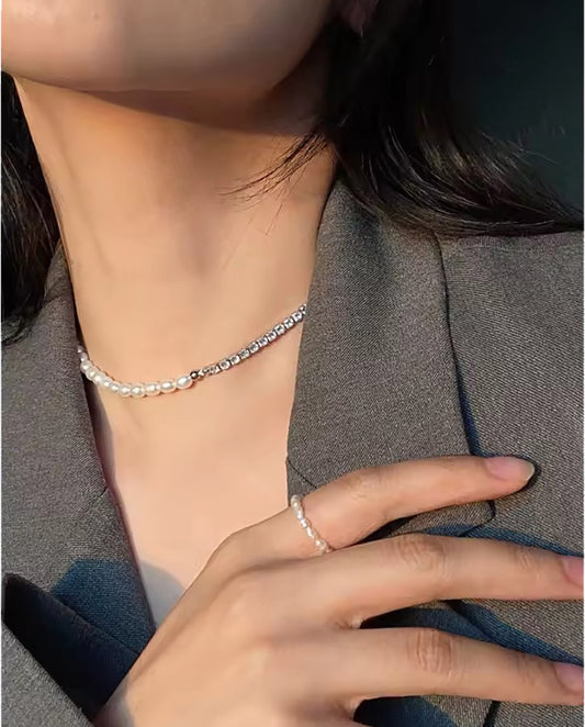 Elswyth - double layers necklace with Zirconia Stones and natural pearls with 18k gold plated finishing silver color