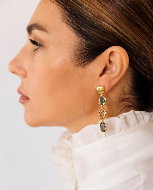 Celestielle - three multi-colored gemstone 18k gold plated drop earrings