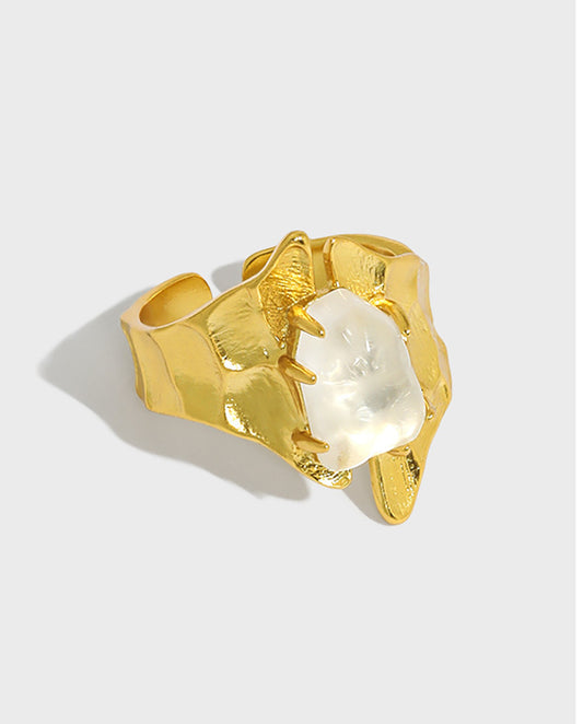 Adelaide -18k gold plated bold and artistic design ring with white stone , gold color