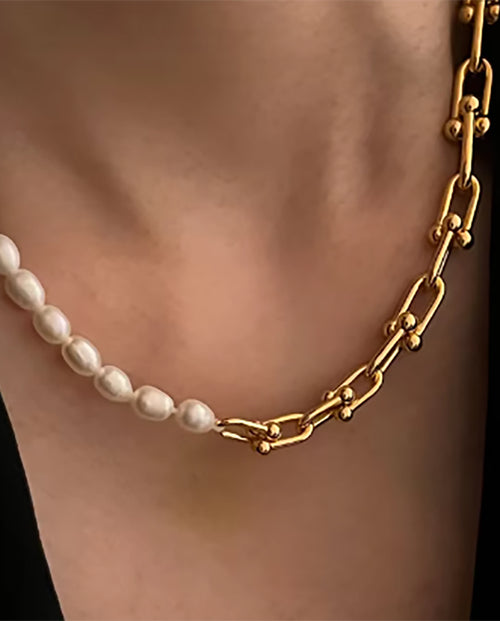 Kismet -18k gold plated contemporary artistic design necklace with real pearls gold color