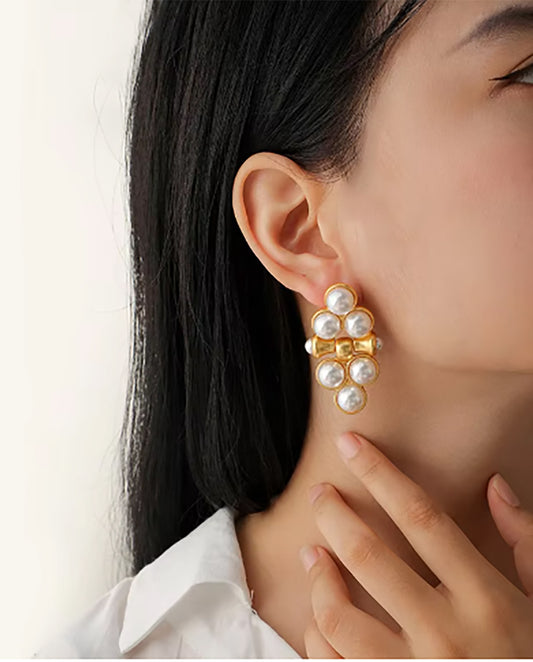 Cora - elegant and bold design 18k gold plated drop earrings with fake pearls
