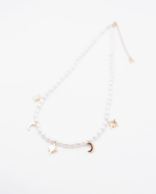 Echo - Real Pearls Necklace With 18k Gold Plated Finishing Including Pedants of Crescent Moons and Stars
