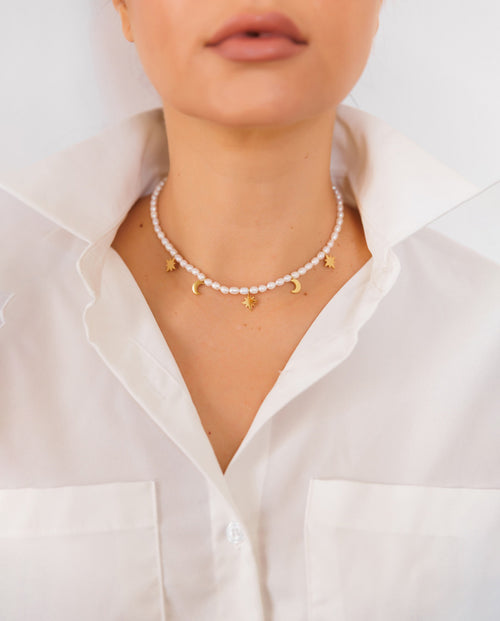 Echo - Real Pearls Necklace With 18k Gold Plated Finishing Including Pedants of Crescent Moons and Stars