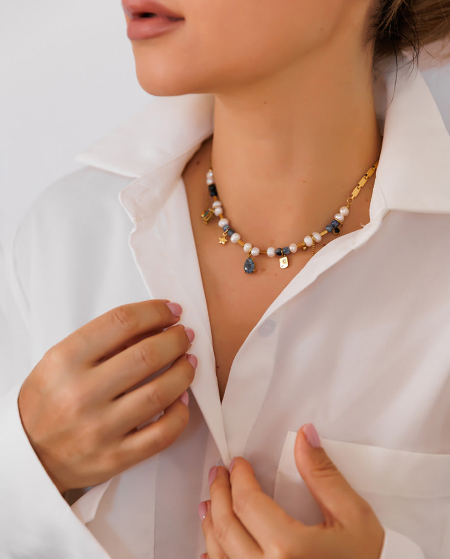 Indigo - 18k gold plated chain necklace with original pearls and colorful stones gold color