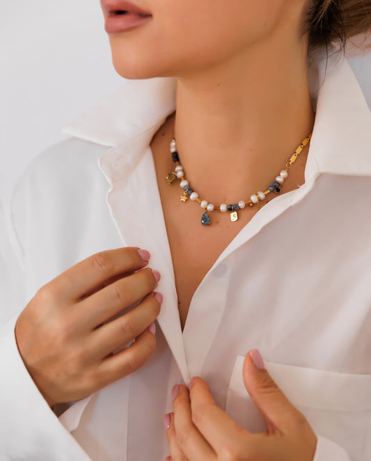 Indigo - 18k gold plated chain necklace with original pearls and colorful stones gold color