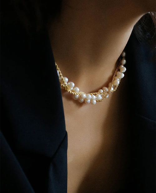 Seraphina - elegant multi-strand necklace with real pearls and 18k gold plated chain necklace gold color