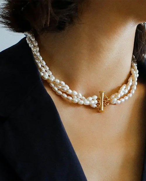 Athena - Classic Shape Real Pearls Necklace, 18k Gold Plated , Gold Color
