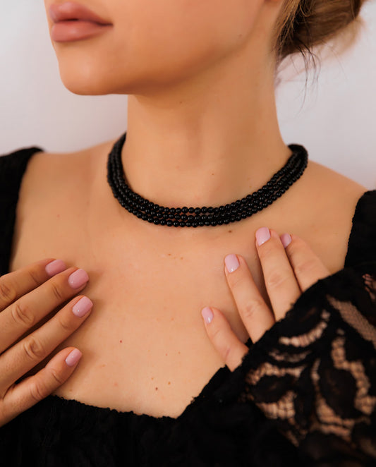 Margaux - Classic Three Layers Black Pearls Shape Beads With 18k Gold Plated Finishing