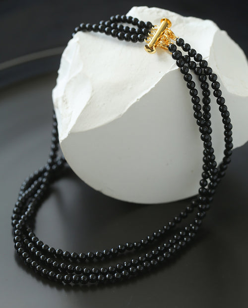 Margaux - Classic Three Layers Black Pearls Shape Beads With 18k Gold Plated Finishing