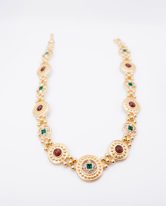 Branwin - 18k gold plated classic, regal design necklace with green and red stones, gold color